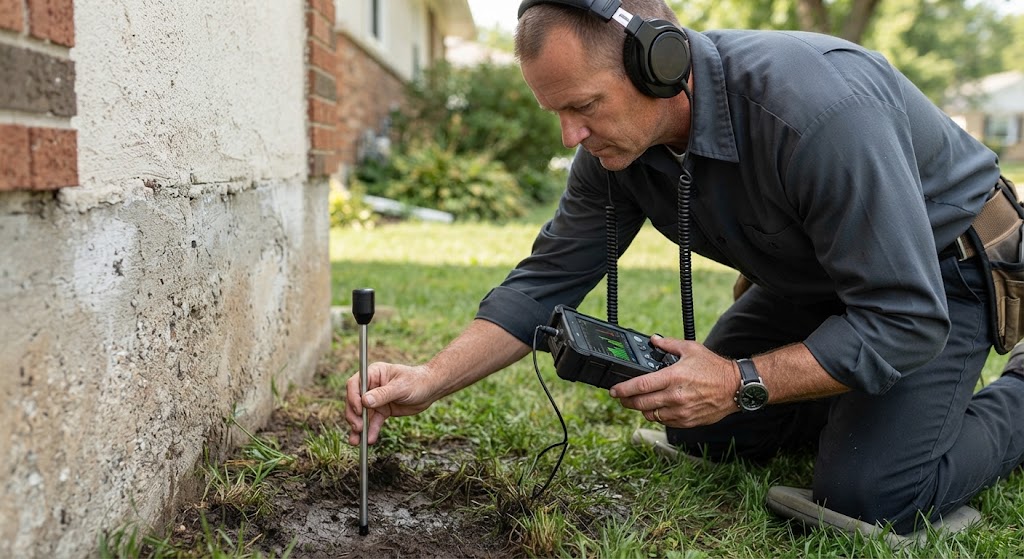 Technician performing acoustic slab leak detection