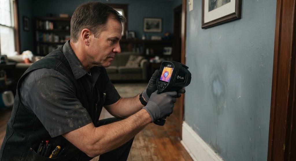 Thermal imaging used to find hidden leak behind wall